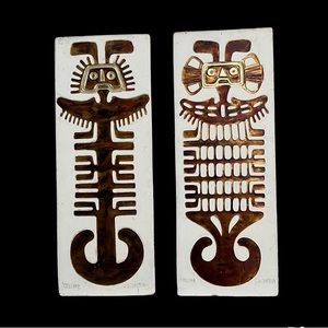 Two NAYLAMP DEITY FIGURES Tolima Colombia Totems like Etched Metal Wall Plaques